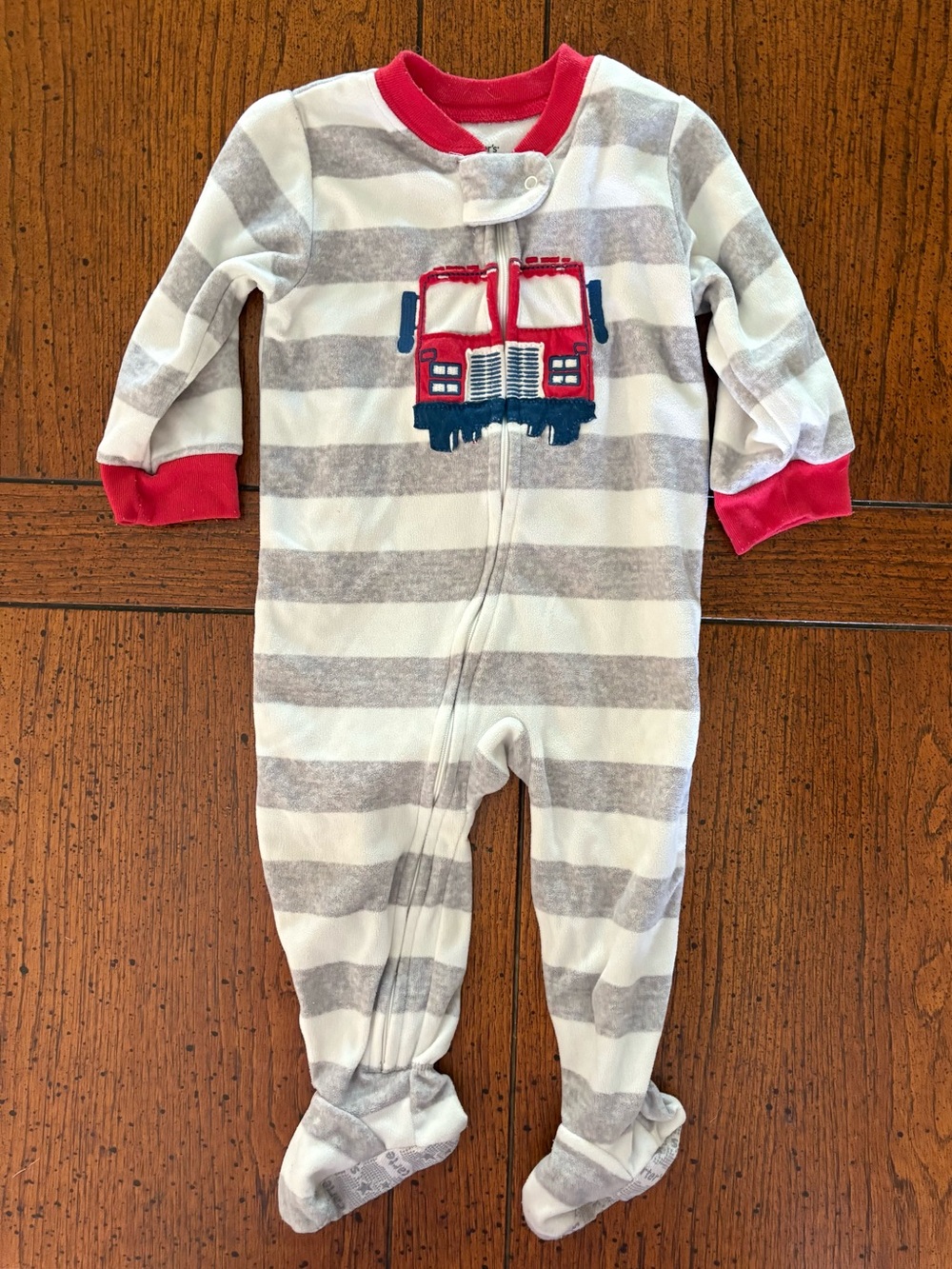 Carter’s Fleece Striped Gray & White Fire Truck Footed Pajama, 12 month